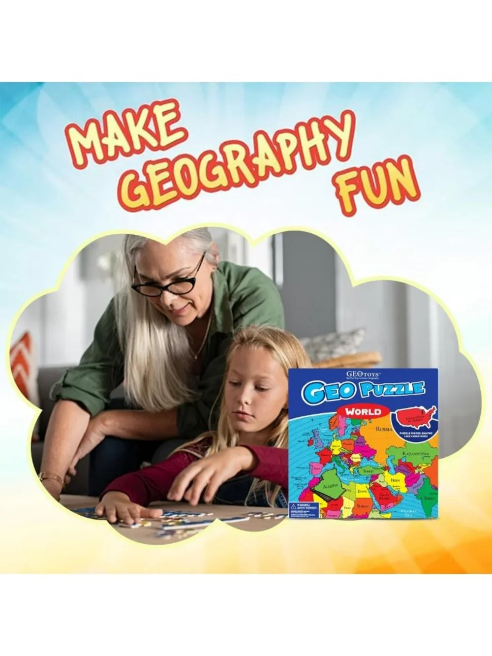 World Map Jigsaw Puzzle - 68 Pc Geography Game for Kids, Fun Educational Toy